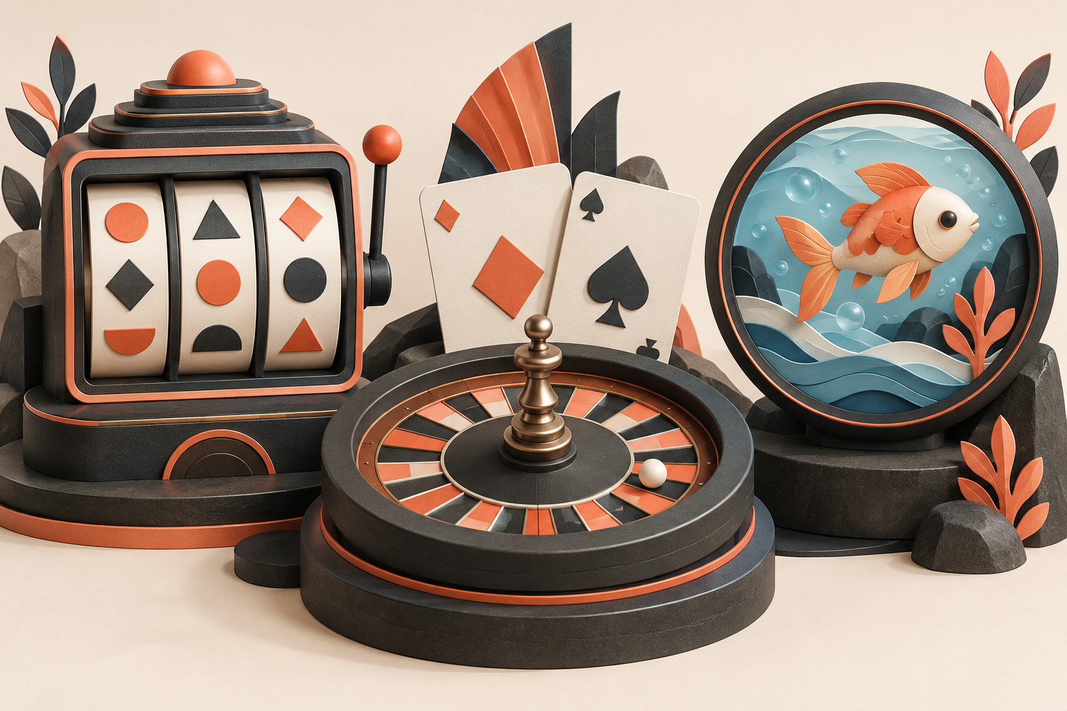 Ilustrasi slot, roulette, kartu, dan permainan memancing dalam warna arang dan koral