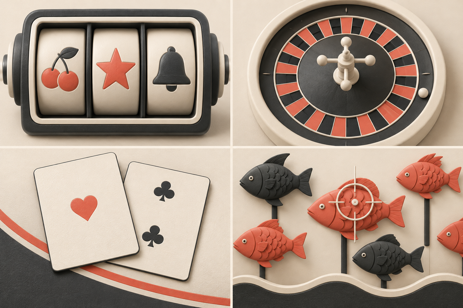 Ilustrasi empat mekanisme: gulungan slot, roda roulette, kartu, dan sasaran memancing