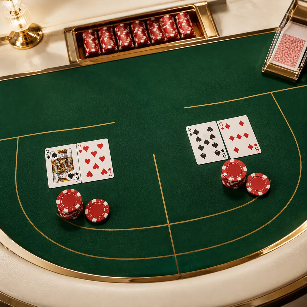 Dua susunan kartu dan cip pada meja baccarat