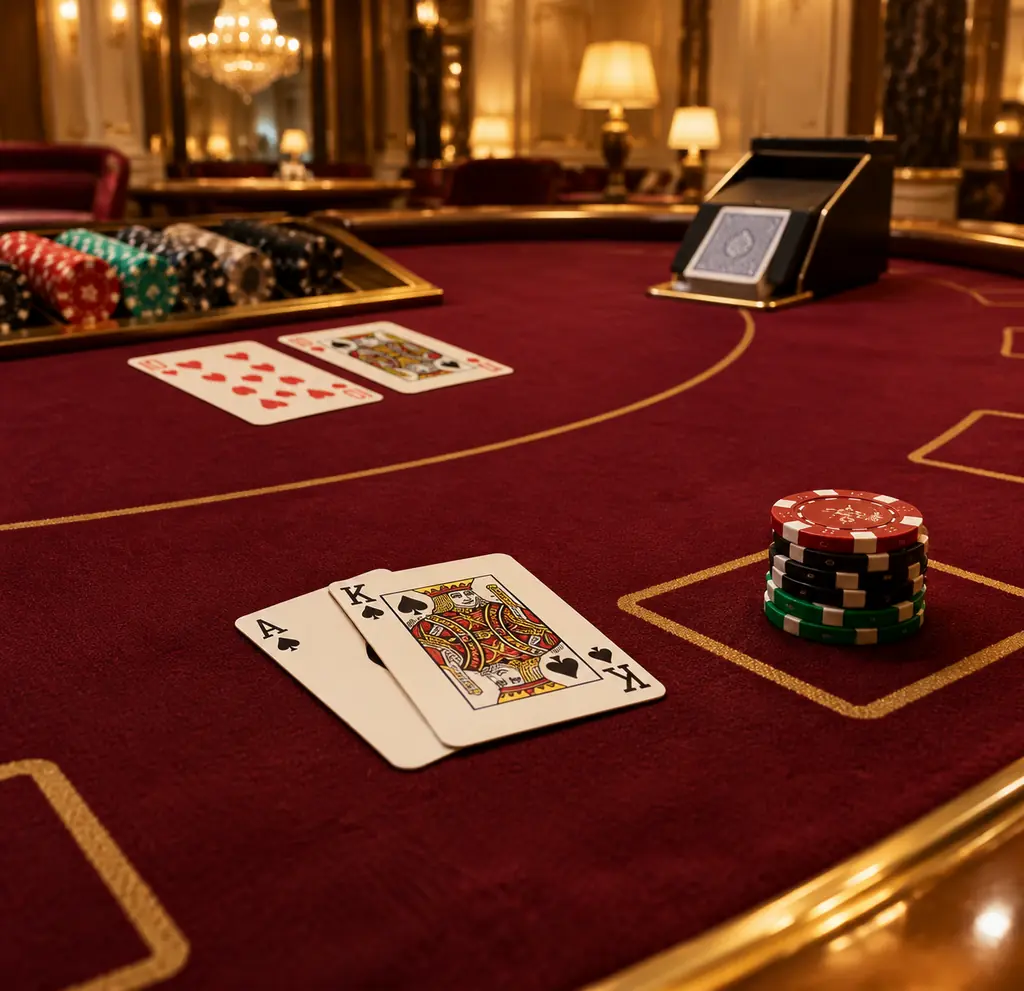 Kartu as dan king dengan cip pada meja blackjack