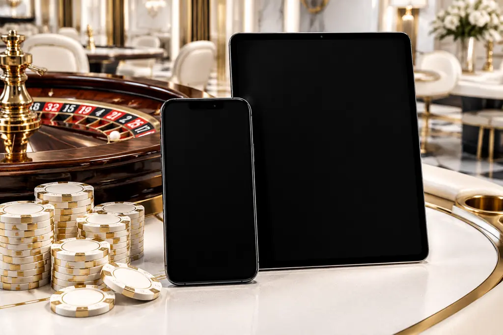 Ponsel dan tablet di dekat roda roulette serta cip