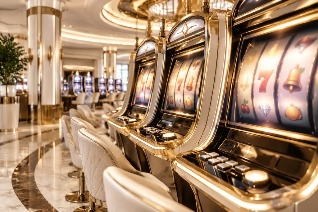 Deretan mesin slot dalam ruang kasino putih dan emas