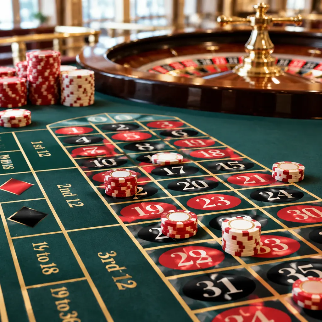 Area taruhan roulette dengan cip dan roda di belakang
