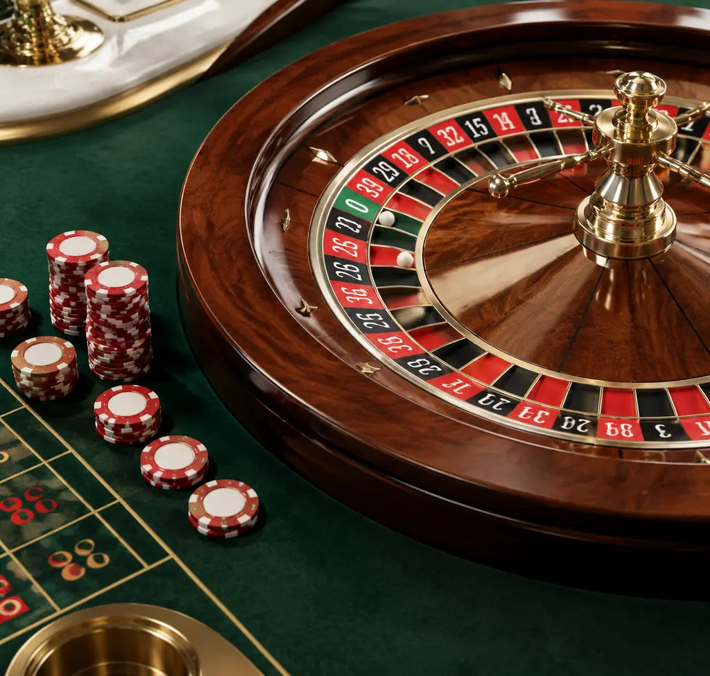 Roda roulette dan cip di atas meja hijau